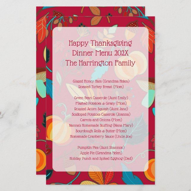 Family Thanksgiving Dinner Menu Keepsake Maroon (Front/Back)