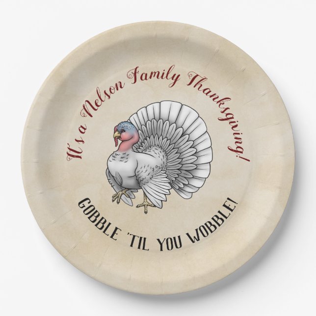 Family Thanksgiving "Gobble "til you wobble!" Paper Plate (Front)
