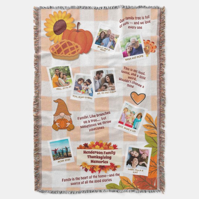 Family Thanksgiving Memories Photo Collage Throw Blanket (Front Vertical)