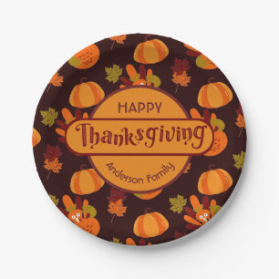 Family Thanksgiving Turkey Pumpkin Autumn Leaves Paper Plate