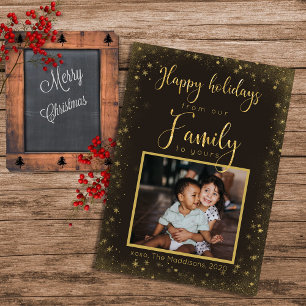 Family to Yours Photo Gold Snowflakes Happy Holiday Card