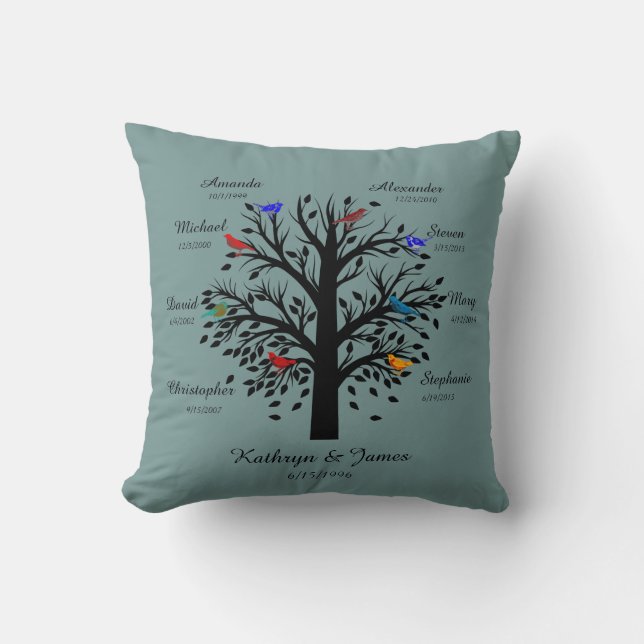 Family Tree, Black Tree on Blue, 8 Names & Dates Cushion (Front)