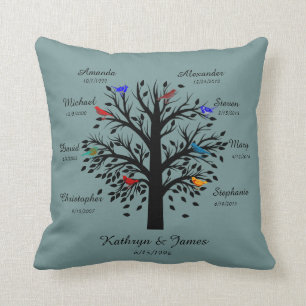 Family Tree, Black Tree on Blue, 8 Names & Dates Cushion