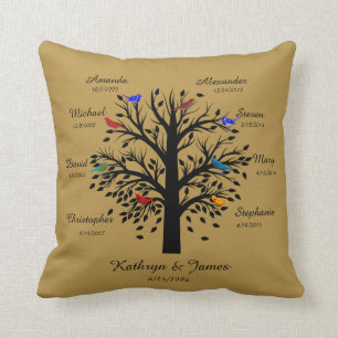 Family Tree, Black Tree on Gold, 8 Names & Dates Cushion