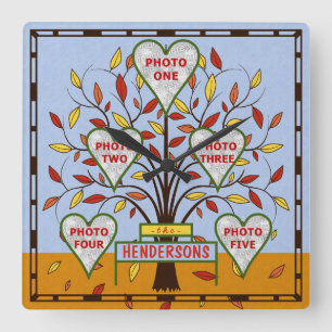 Family Tree Custom 5 Photo Collage Autumn Leaves Square Wall Clock