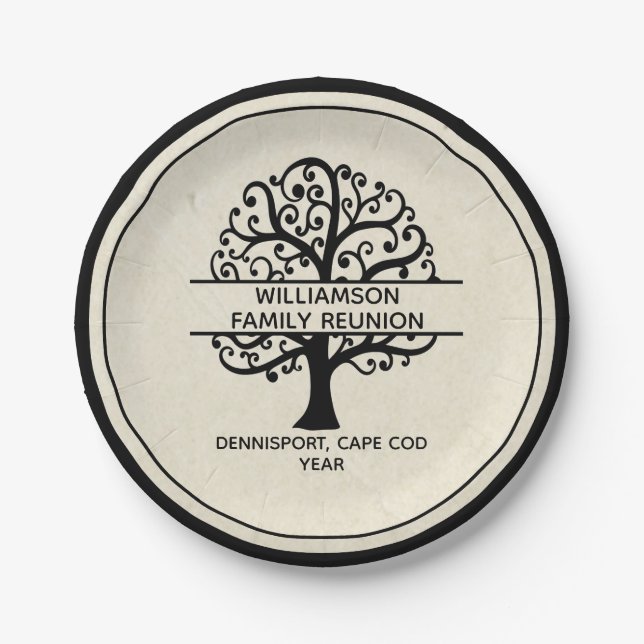 Family Tree Family Reunion Black Modern Drawing Paper Plate (Front)