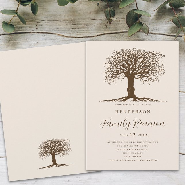 Family Tree Family Reunion  Invitation (Family tree family reunion brown and beige elegant script invitation Rustic stylish family gathering)