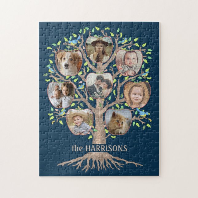 Family Tree Photo Collage 8 Pictures Name Dk Blue Jigsaw Puzzle (Vertical)