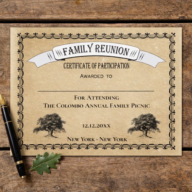 Family Tree Reunion Certificate of Participation  (Family Reunion Event Certificate. Prizes, participation, award. Family Tree Design,)