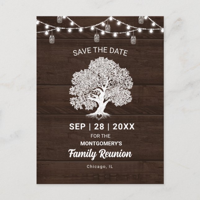 Family Tree String Lights Reunion Save the Date Postcard (Front)