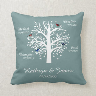 Family Tree, White Tree on Blue w/ Names & Dates Cushion