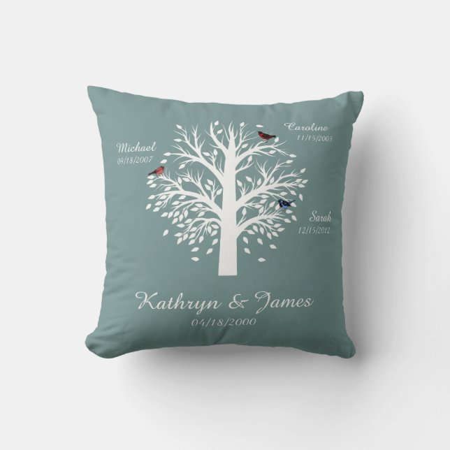 Family Tree, White Tree on Blue w/ Names & Dates Cushion (Front)