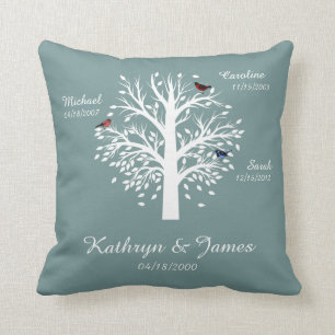 Family Tree, White Tree on Blue w/ Names & Dates Cushion