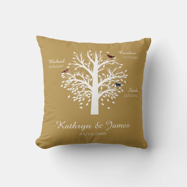 Family Tree, White Tree on Gold w/ Names & Dates Cushion (Front)