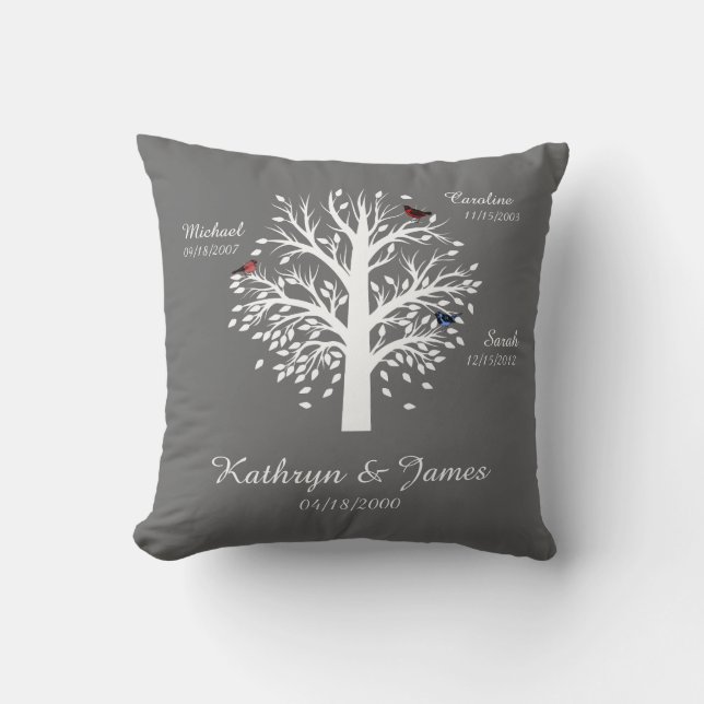 Family Tree, White Tree on Grey w/ Names & Dates Cushion (Front)