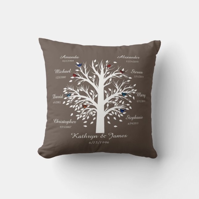 Family Tree, White Tree on Taupe, 8 Names & Dates Cushion (Front)