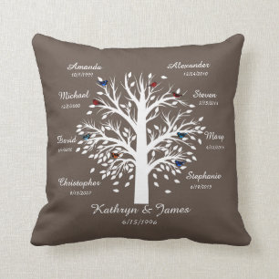 Family Tree, White Tree on Taupe, 8 Names & Dates Cushion