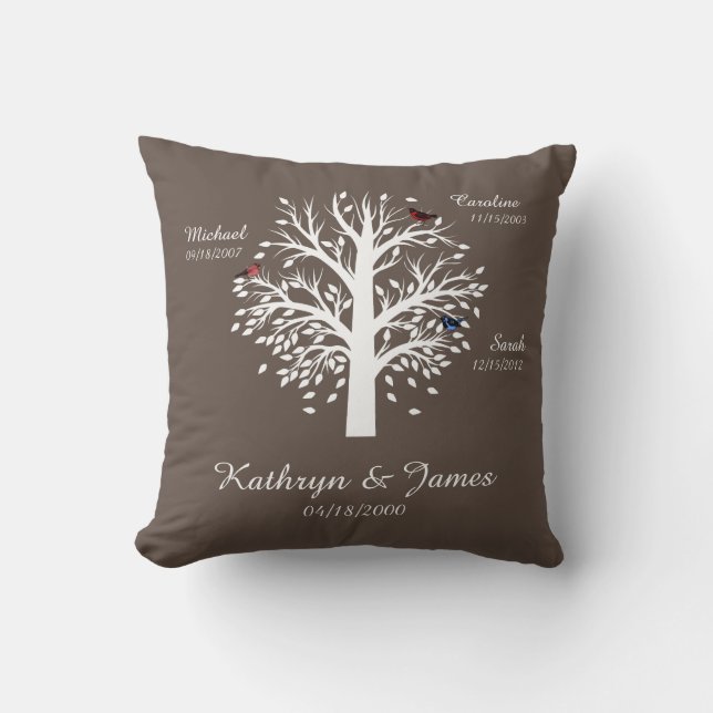 Family Tree, White Tree on Taupe w/ Names & Dates Cushion (Front)