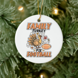 Family Turkey Pie Football Leaf Fall Thanksgiving Ceramic Ornament