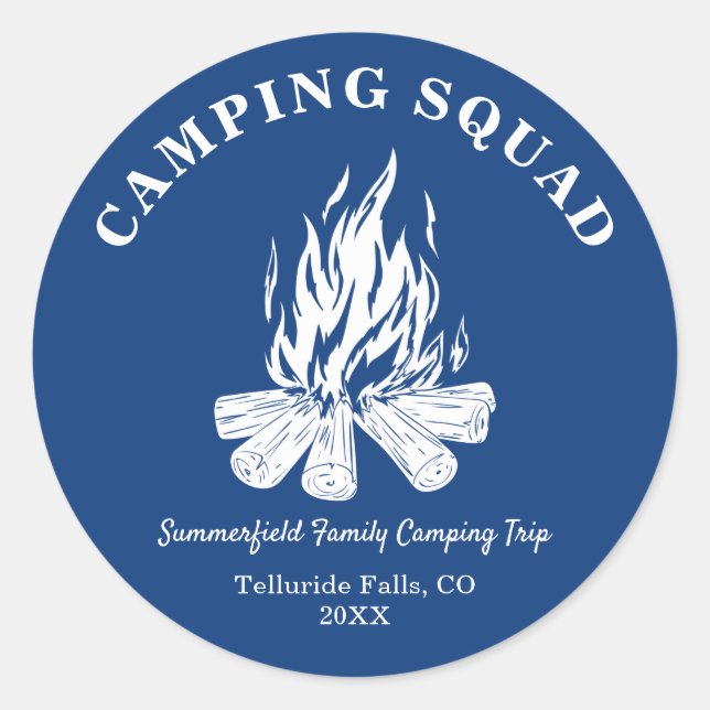 Family Vacation Campfire Camping Trip Blue Classic Round Sticker (Front)