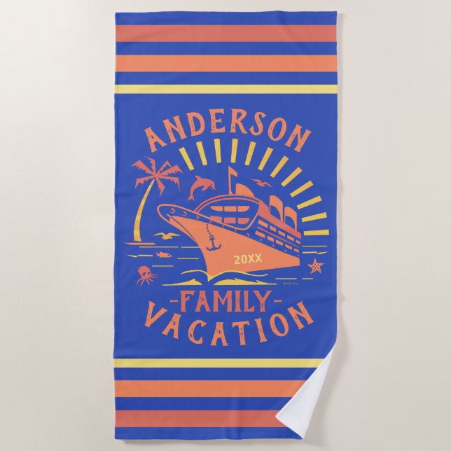 Family Vacation Cruise Ship Trip | Personalised v2 Beach Towel (Front)