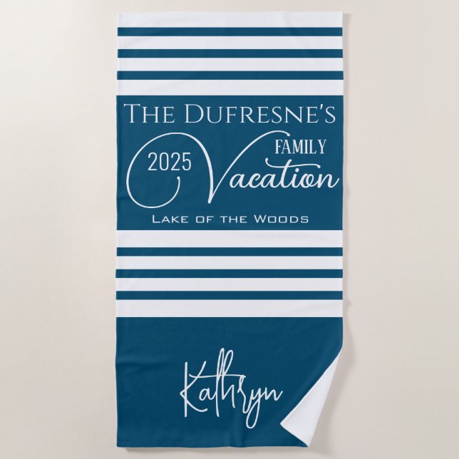 Family Vacation Personalised Blue Beach Towel (Front)