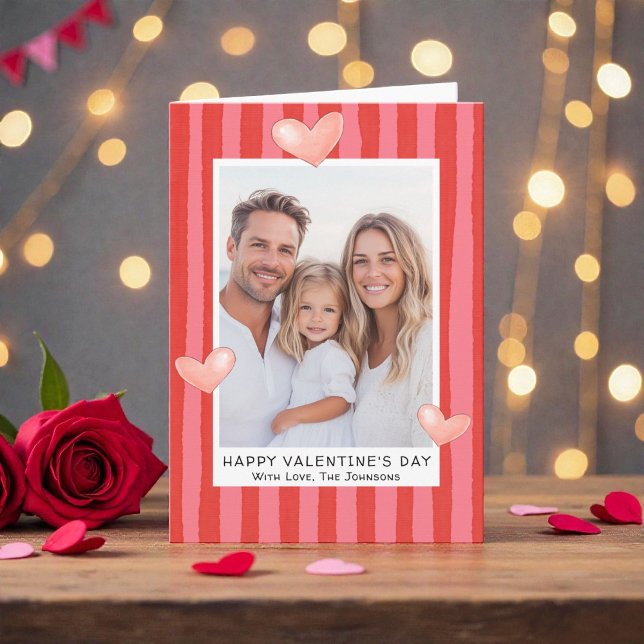 Family Valentine's Day Photo with Hearts Stripes Holiday Card (Creator Uploaded)