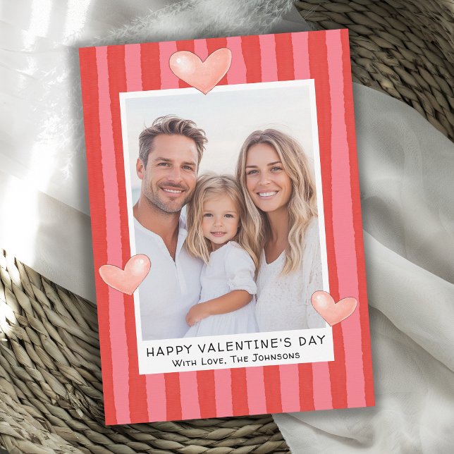 Family Valentine's Day Photo with Hearts Stripes Holiday Card (Available in both printed and instant download digital formats.)