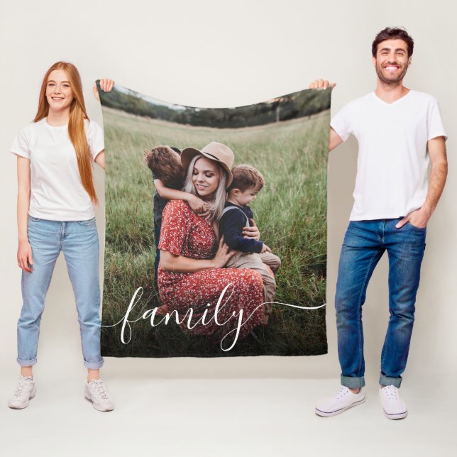 Family White Script Photo Overlay Fleece Blanket (In Situ)