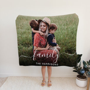 Family White Script Photo Overlay Fleece Blanket