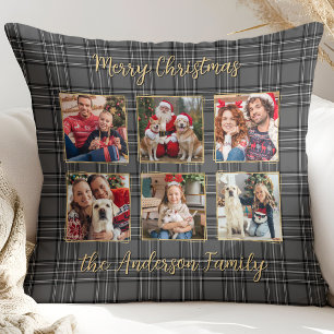 Family Winter Plaid Grey Gold Custom Photo Collage Cushion