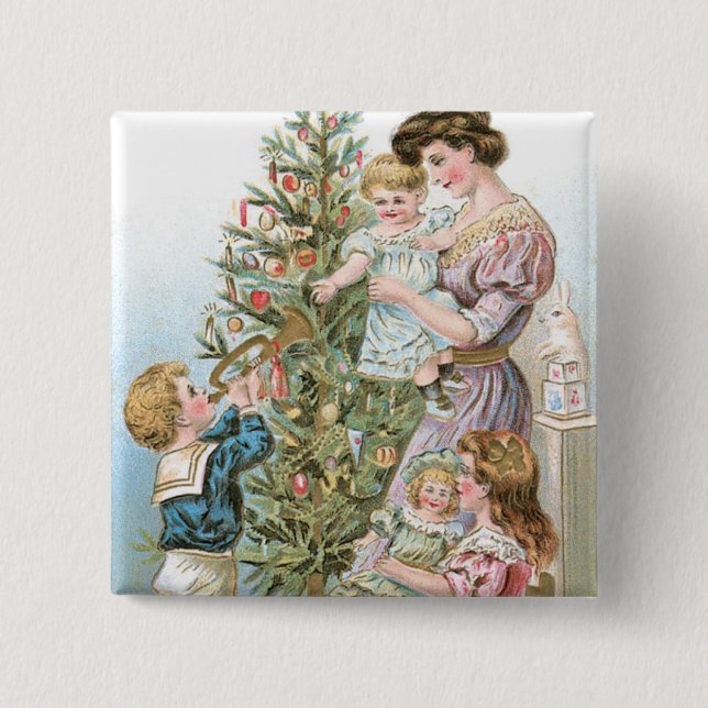 Family with Christmas Tree 15 Cm Square Badge (Front)