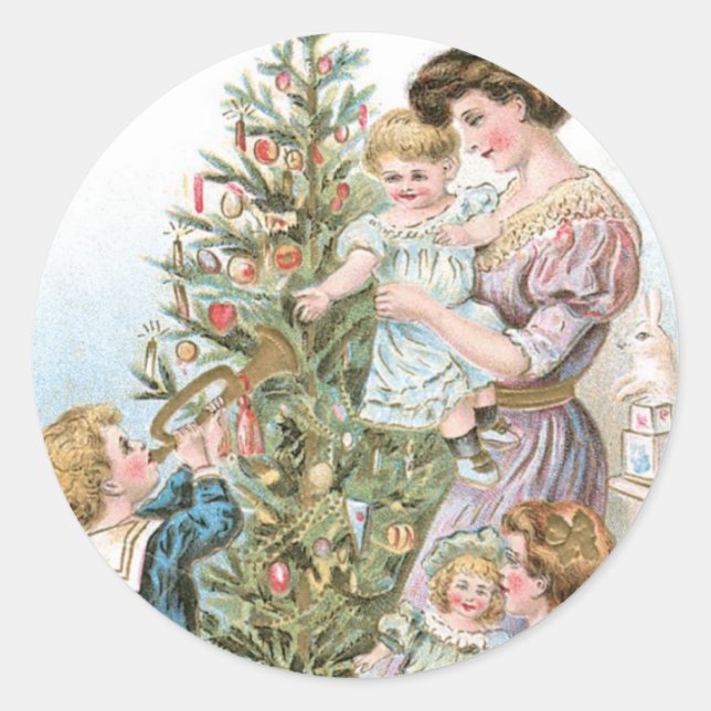 Family with Christmas Tree Classic Round Sticker (Front)