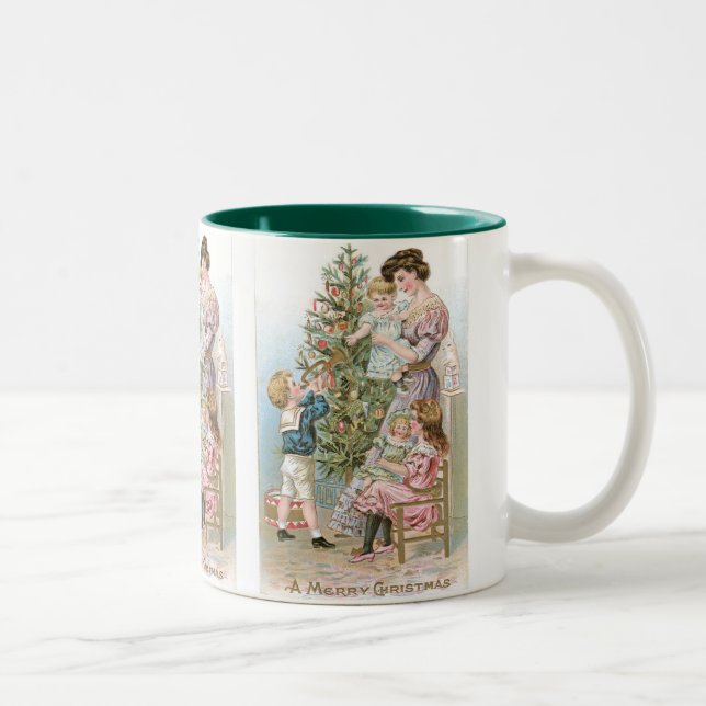 Family with Christmas Tree Two-Tone Coffee Mug (Right)