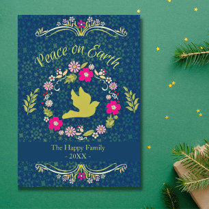 Family Wreath Botanical Vintage Peace Christmas  Holiday Card