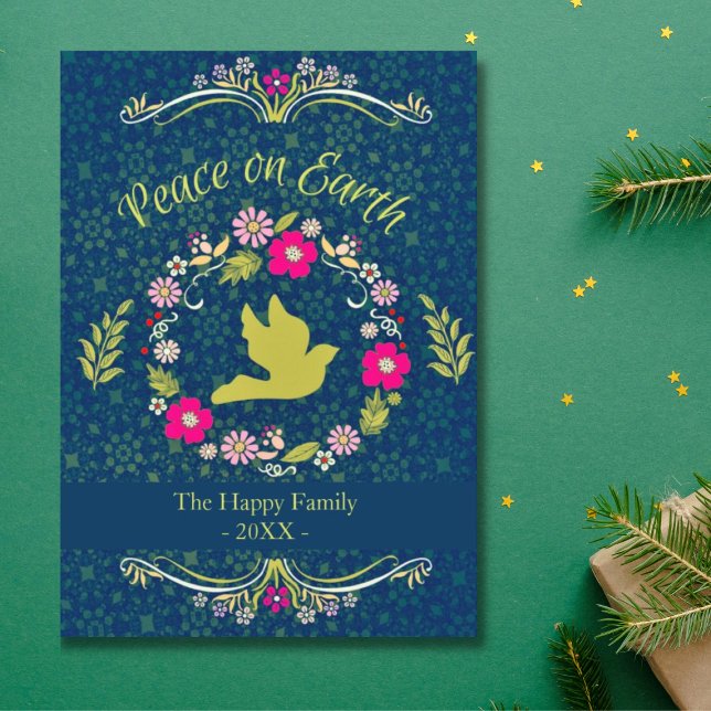 Family Wreath Botanical Vintage Peace Christmas  Holiday Card (Creator Uploaded)