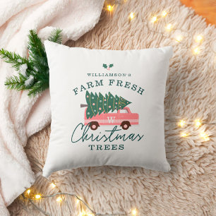 Family's Farm Fresh Christmas Trees Pink Retro Van Cushion