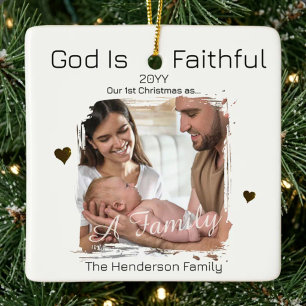 Family's First Christmas Faithful God Custom Photo Ceramic Ornament