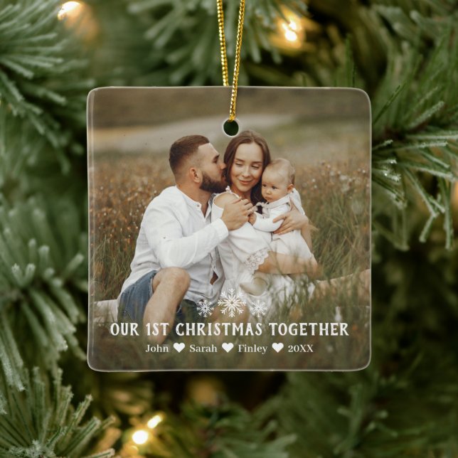 Family's First Christmas Together Snowflakes Photo Ceramic Ornament (Tree)