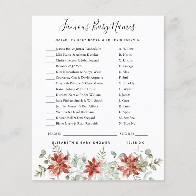 Famous Baby Names | Baby Shower Game (Front)