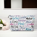 Famous Cities of the World Accessory Pouch<br><div class="desc">Stylish pattern made up names of famous cities of the world (New York,  Milan,  Rome,  Barcelona,  Moscow,  Paris,  Madrid) in purple,  blue,  and pink colours.</div>