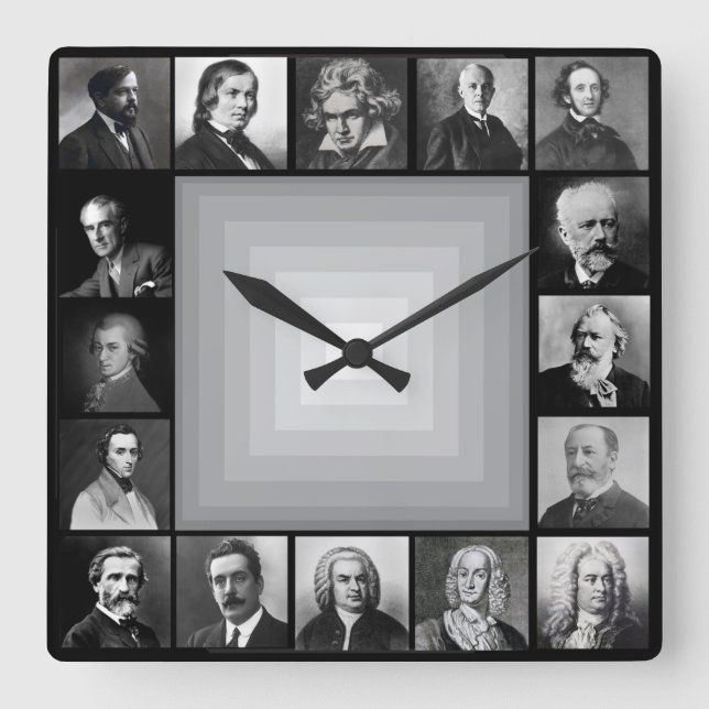 Famous Composers Black and White Portraits Square Wall Clock (Front)