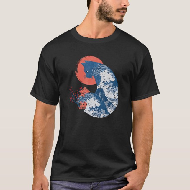 Famous Great Wave Kanagawa Ukiyoe Neko Kaiju Whims T-Shirt (Front)