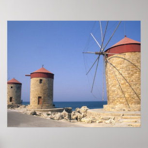Famous old windmills of Rhodes Greece Poster