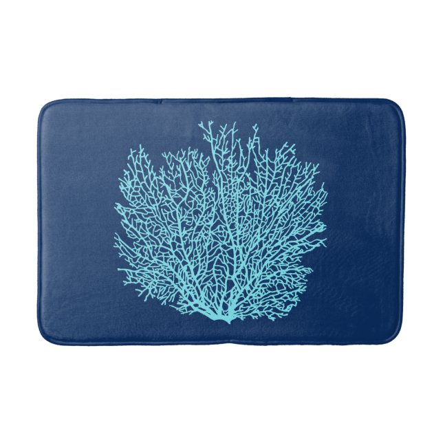 Fan Coral Print, Aqua on Deep Cobalt Blue Bath Mat (Front)