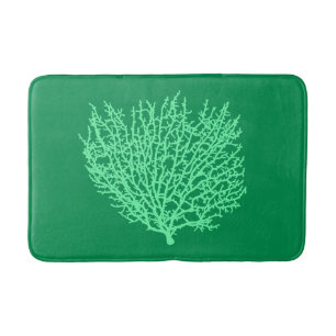Fan Coral Print, Pale Green on Deep Jade Green Bath Mat