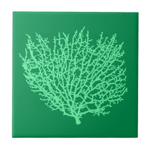Fan Coral Print, Pale Green on Deep Jade Green Ceramic Tile