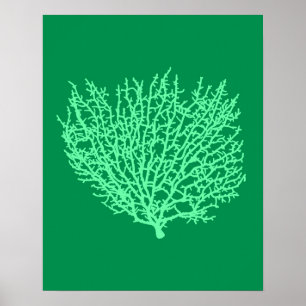 Fan Coral Print, Pale Green on Deep Jade Green Poster