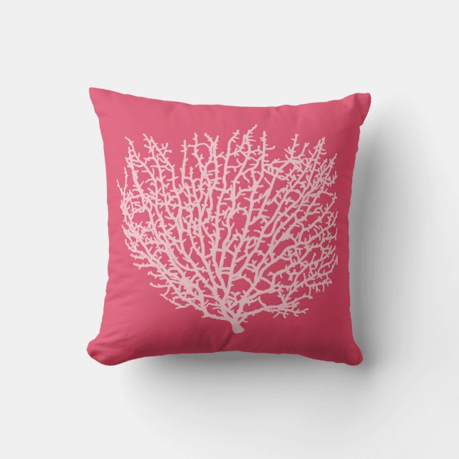 Fan Coral Print, Pale Pink on Deep Coral  Pink Cushion (Front)