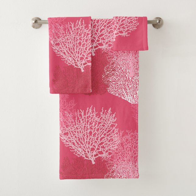 Fan Coral Print, Shades of Coral Pink Bath Towel Set (Insitu)